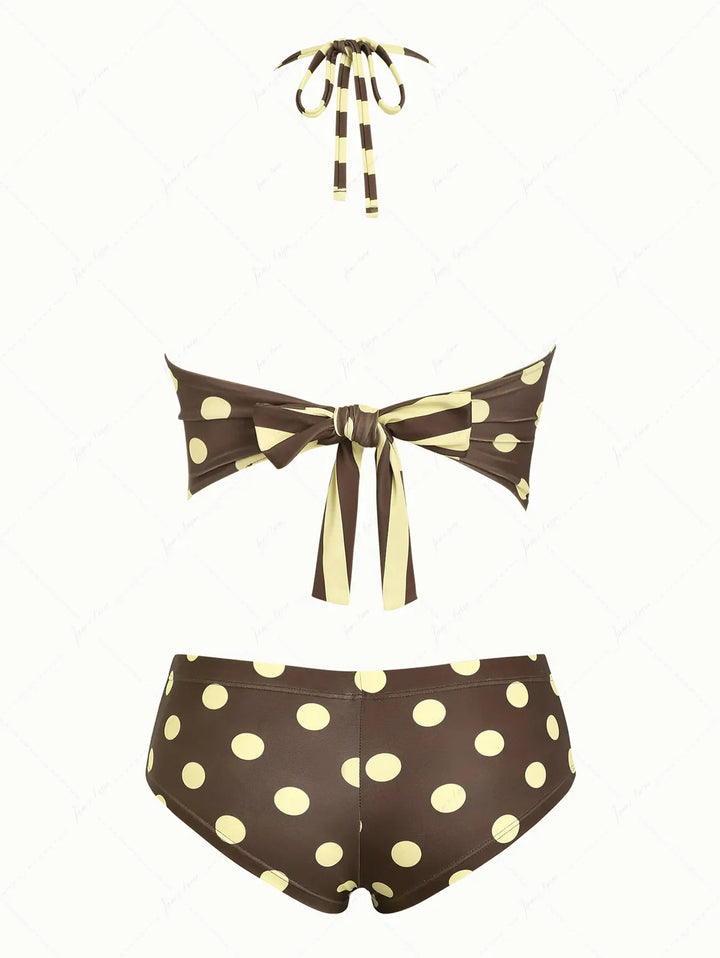 Coffee Striped Polka Dot Halter Tied Back Reversible Top & Cheeky Boyshorts Tankini Set