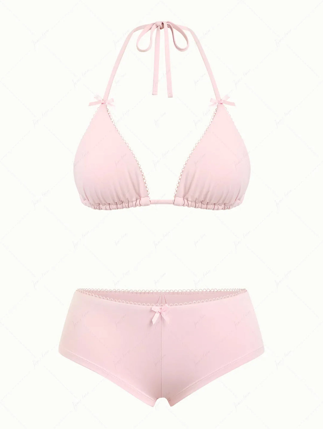 Pink Solid Color Picot Bowknot Halter Triangle Cheeky Boyshorts Bikini Set