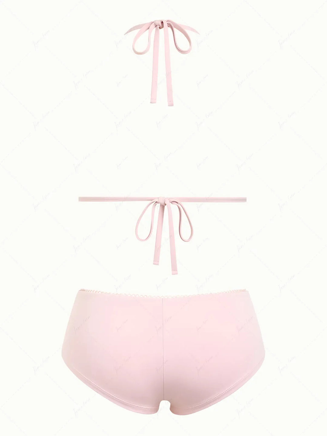 Pink Solid Color Picot Bowknot Halter Triangle Cheeky Boyshorts Bikini Set