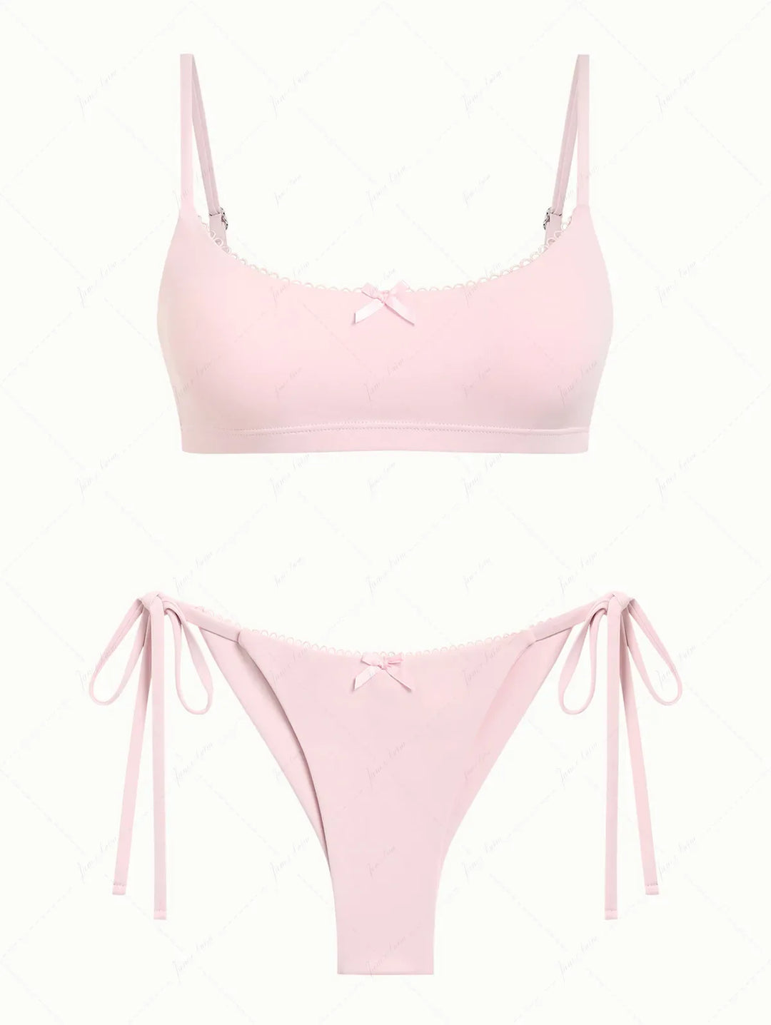 Pink Solid Color Picot Bowknot Bralette Top & Cheeky Brazilian Bottom Bikini Set