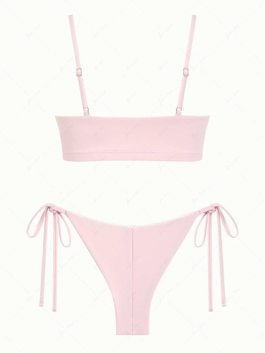Pink Solid Color Picot Bowknot Bralette Top & Cheeky Brazilian Bottom Bikini Set