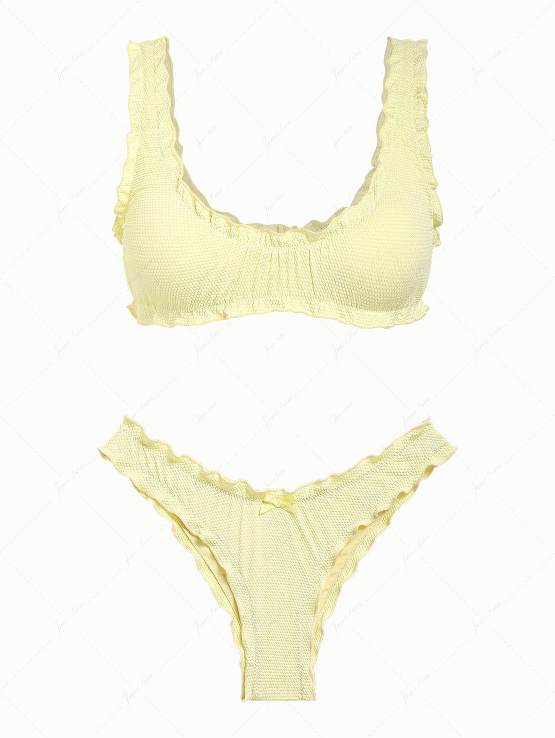 Light Yellow Textured Knit Fabric Ruffles Edge Bralette Bikini Set