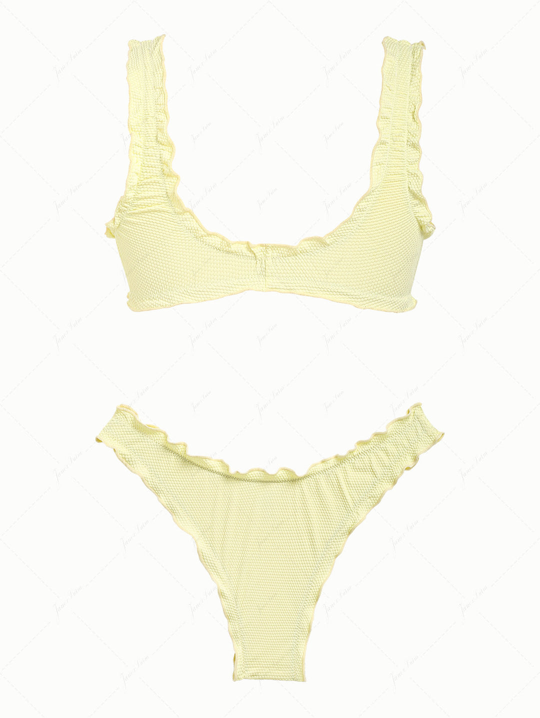 Light Yellow Textured Knit Fabric Ruffles Edge Bralette Bikini Set