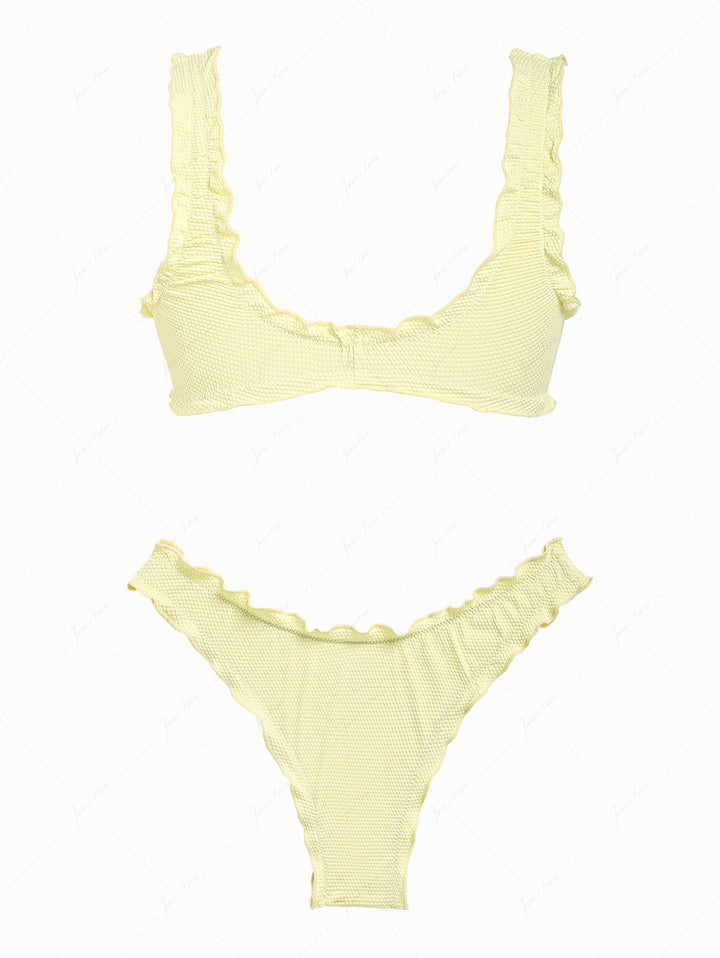 Light Yellow Textured Knit Fabric Ruffles Edge Bralette Bikini Set