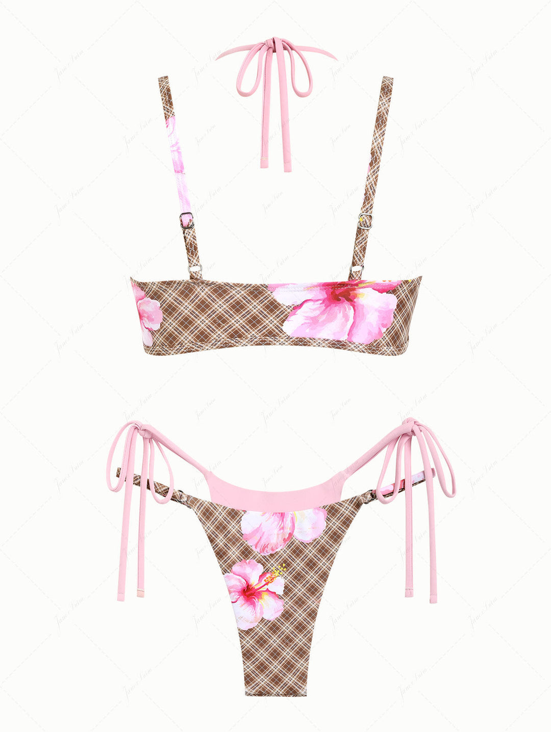 Coffee Plaid Floral Hibiscus Print String Double Layer Bikini Set