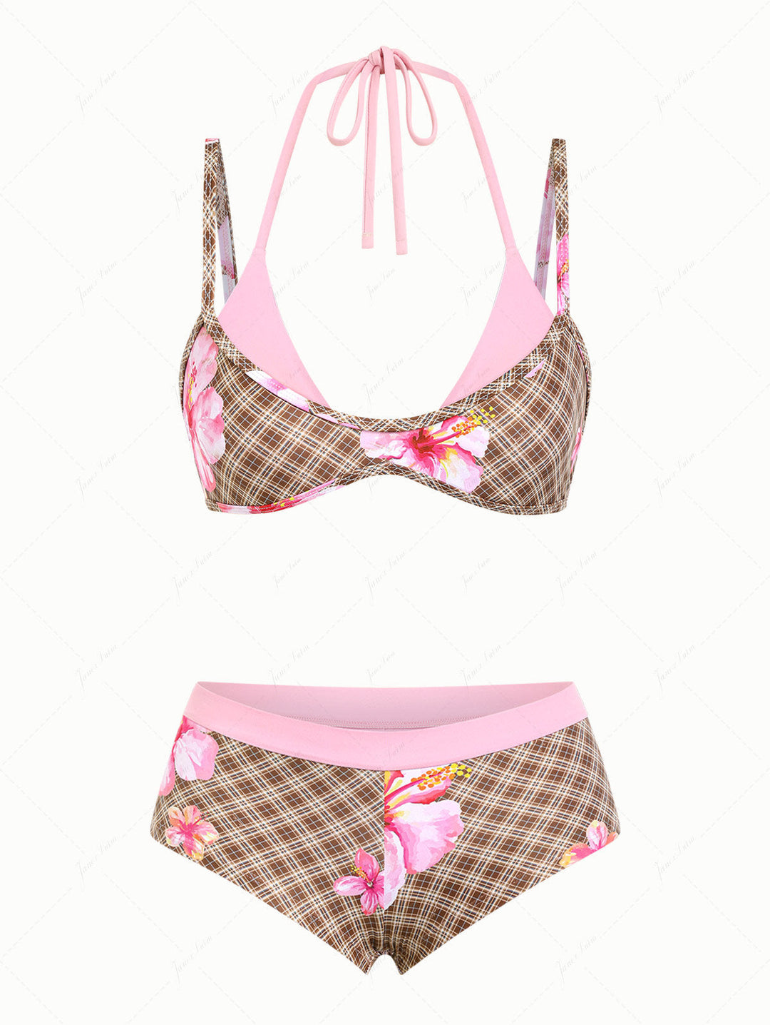 Coffee Plaid Floral Hibiscus Print Double Layer Top & Cheeky Boyshorts Bikini Set