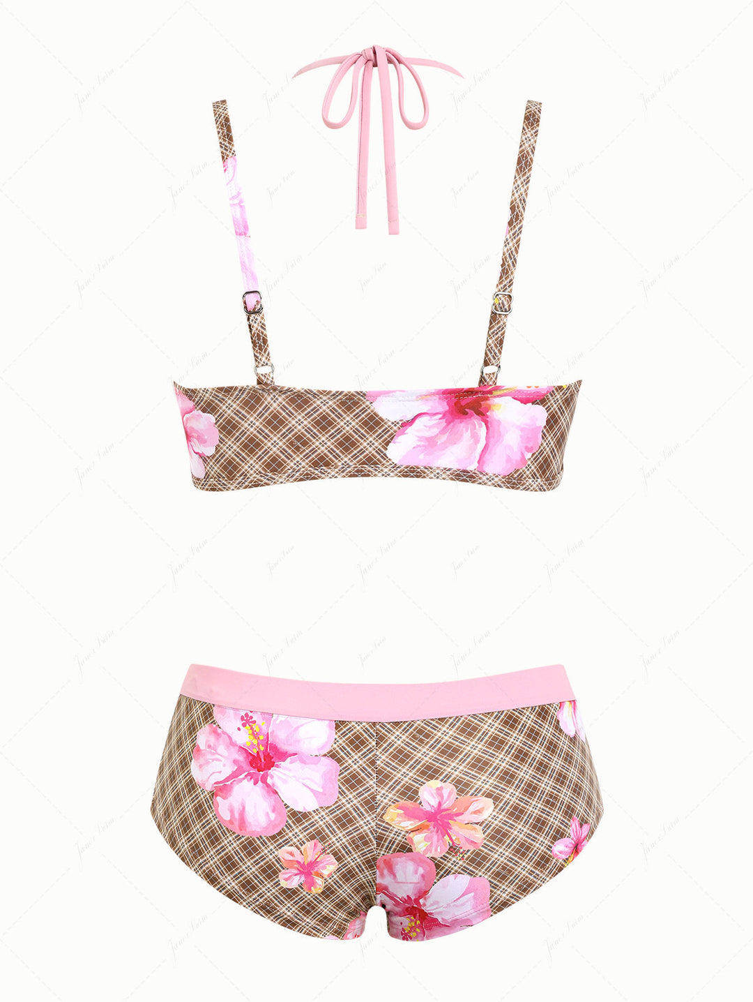 Coffee Plaid Floral Hibiscus Print Double Layer Top & Cheeky Boyshorts Bikini Set