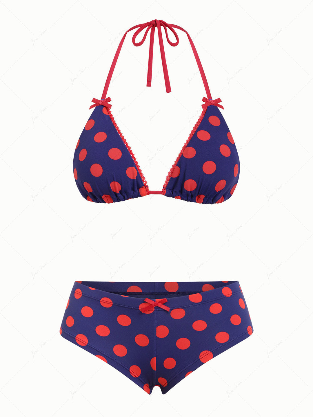 Midnight Blue Polka Dot Lace Bowknot Halter Triangle Cheeky Boyshorts Bikini Set