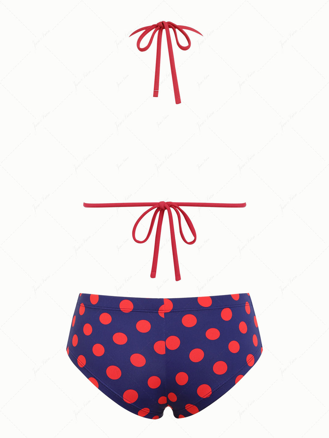 Midnight Blue Polka Dot Lace Bowknot Halter Triangle Cheeky Boyshorts Bikini Set