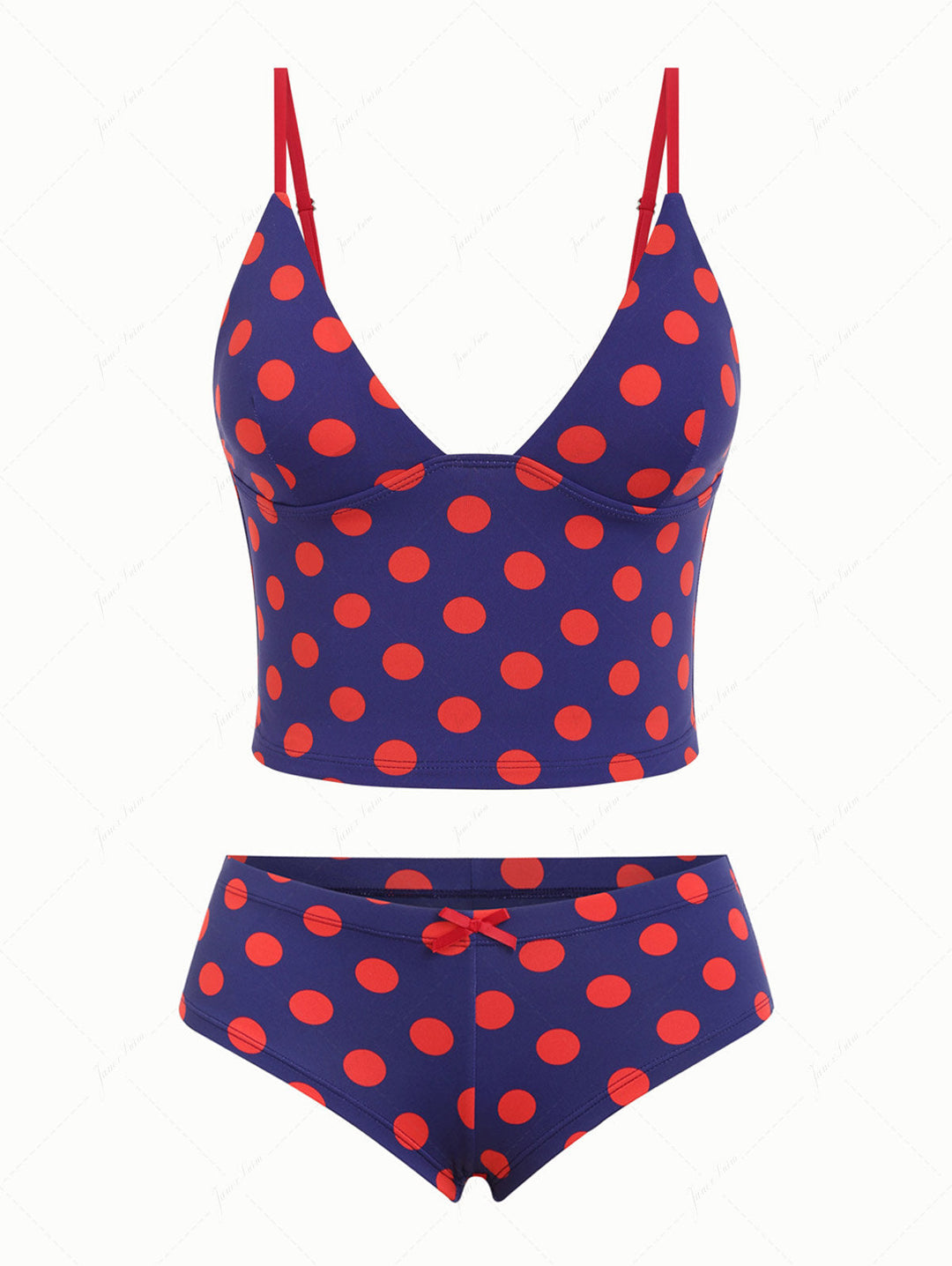 Midnight Blue Polka Dot Print Plunging Neck Cheeky Boyshorts Tankini Set