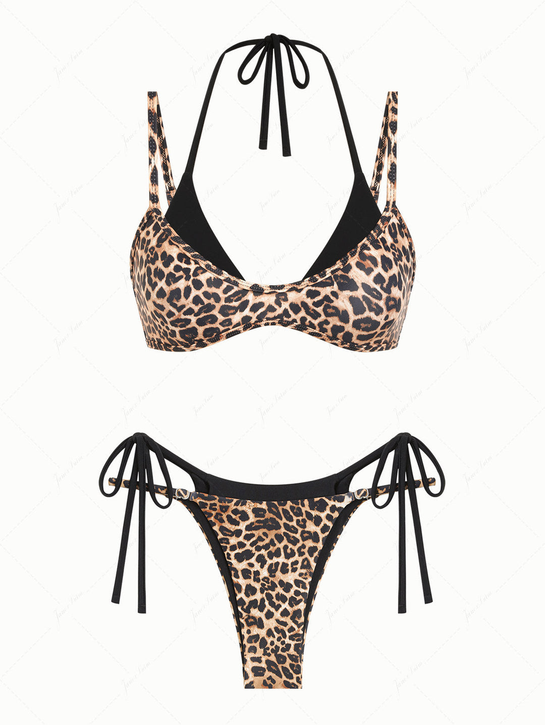 Coffee Leopard Print Contrast Color String Double Layer Bikini Set
