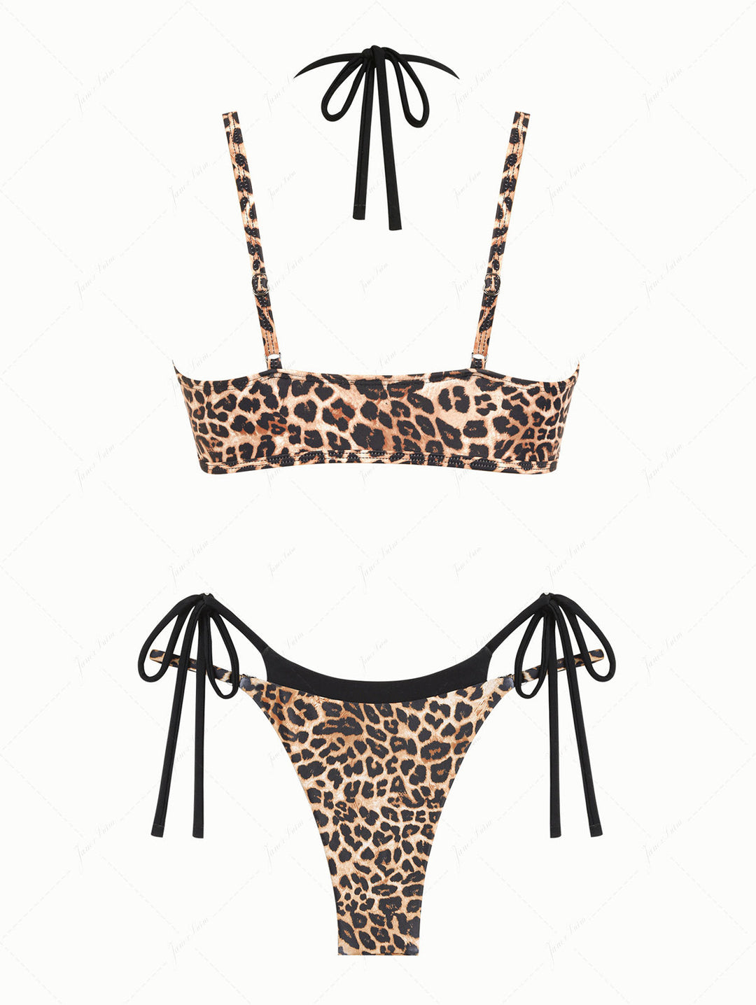Coffee Leopard Print Contrast Color String Double Layer Bikini Set