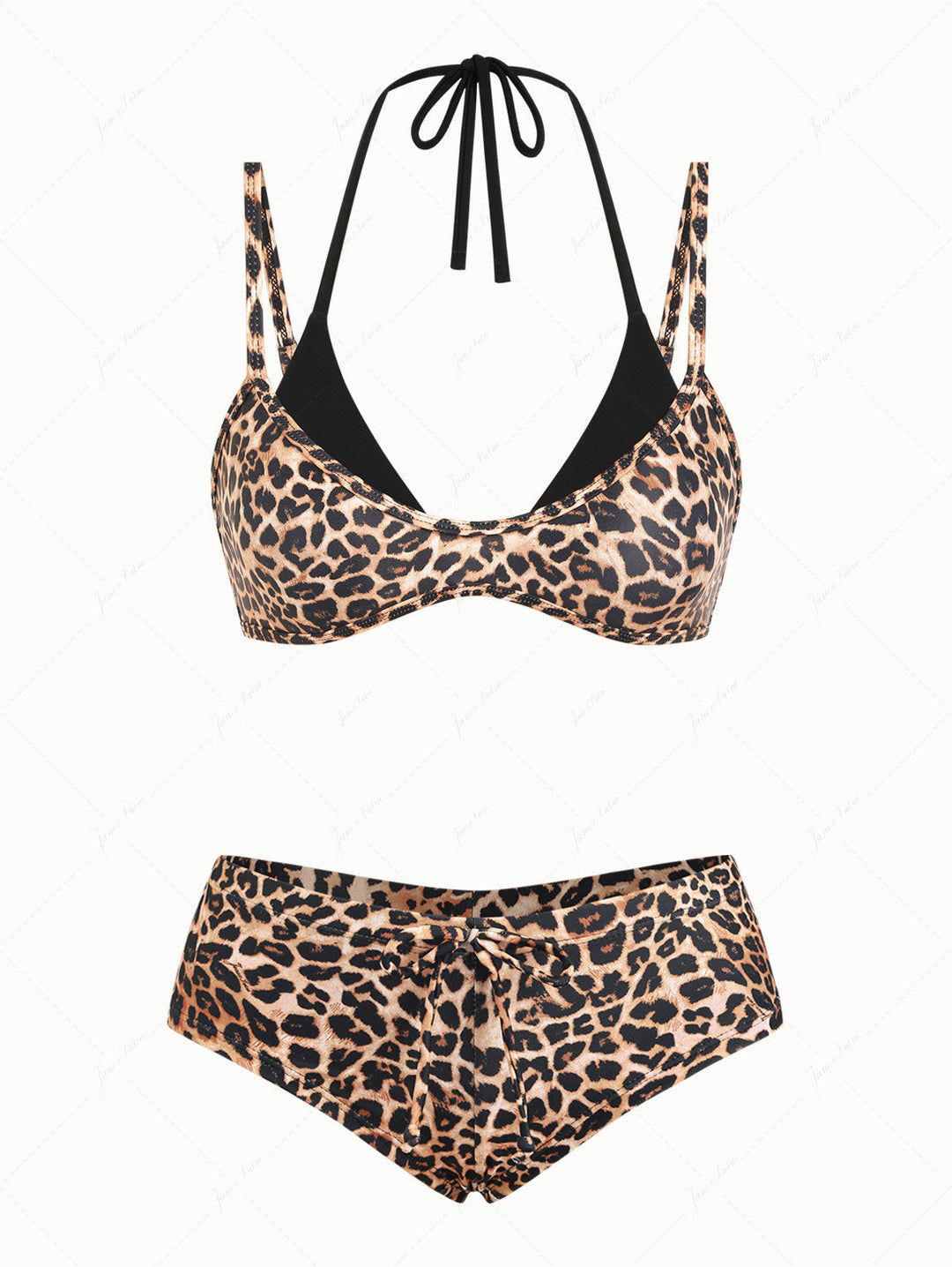 Coffee Leopard Print Double Layer Top & Cheeky Boyshorts Bikini Set