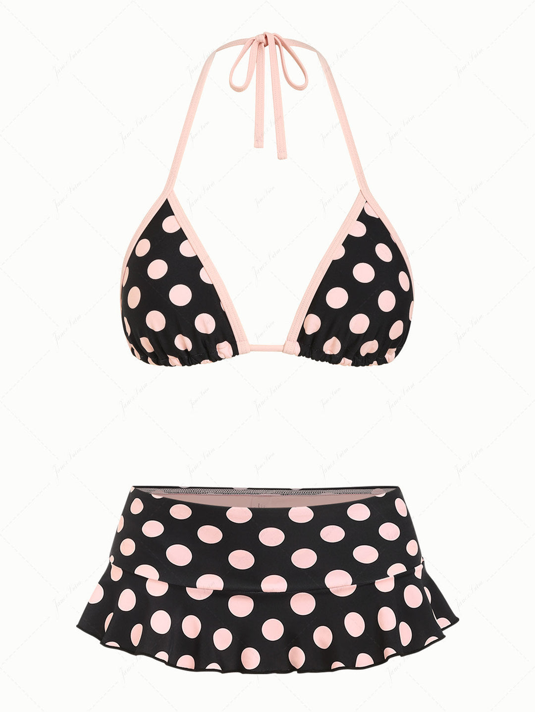 Pink Vintage Polka Dot Contrast Binding Triangle Skirtini Bikini Set