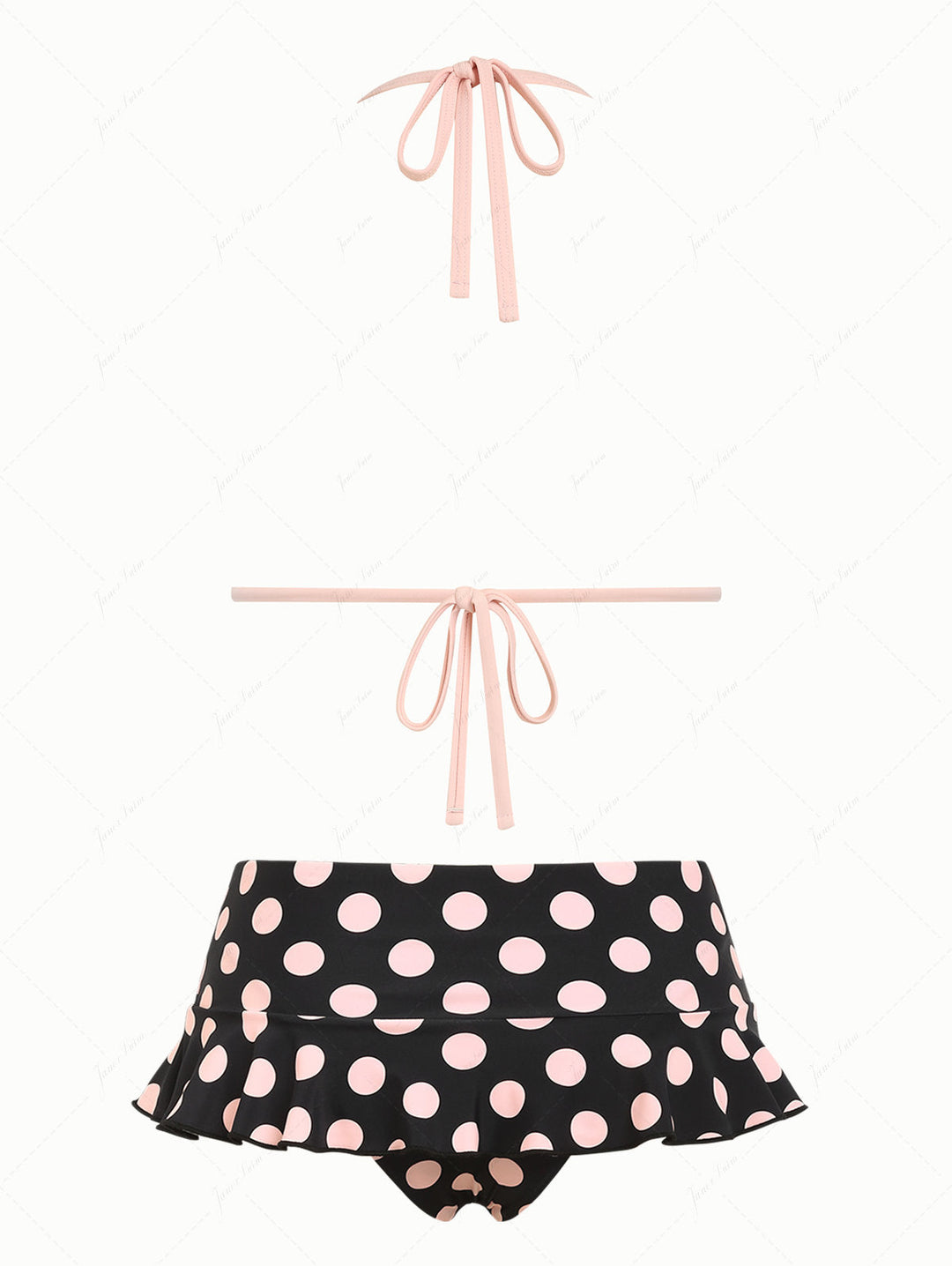 Pink Vintage Polka Dot Contrast Binding Triangle Skirtini Bikini Set