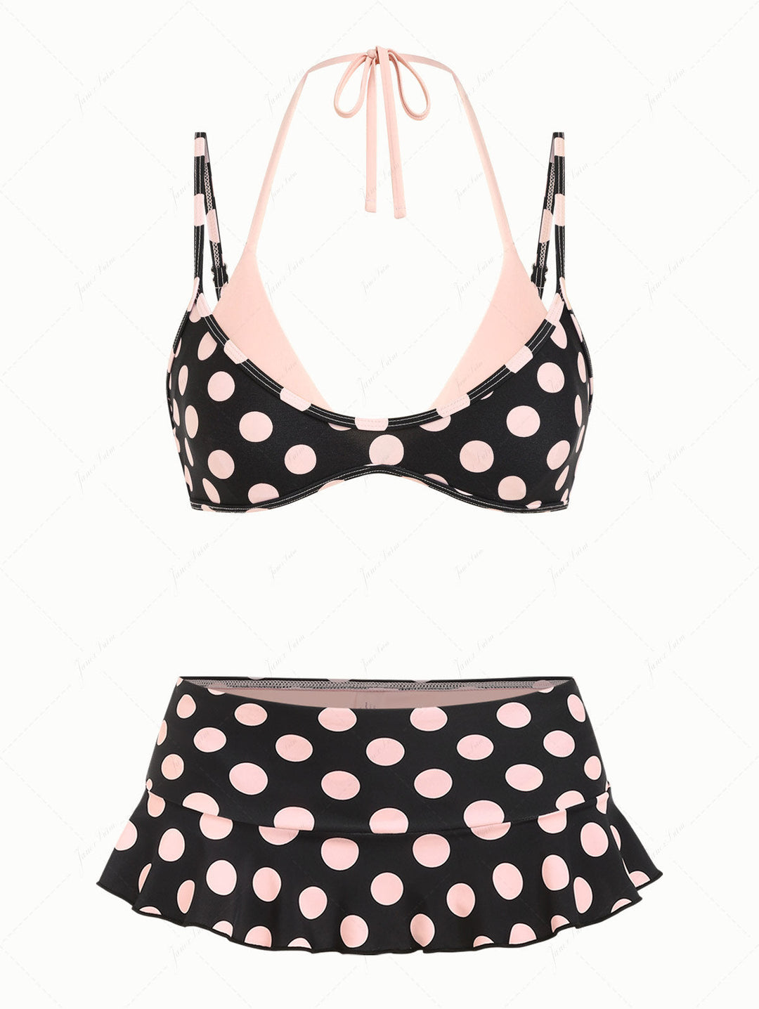 Pink Vintage Polka Dot Print Double Layer Top & Skirted Bottom Bikini Set