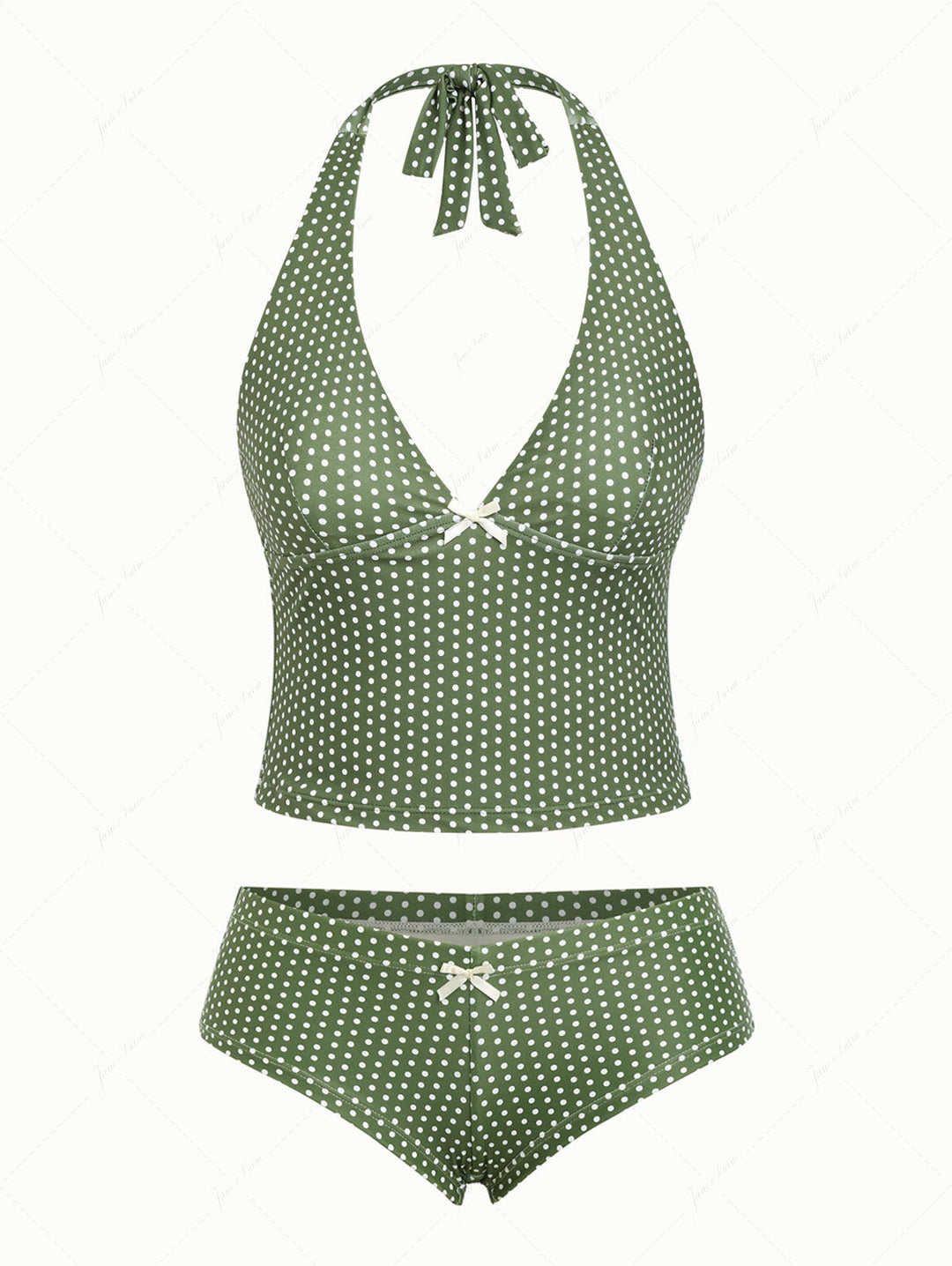 Plant Green Polka Dot Bowknot Deep V Neck Cheeky Boyshorts Tankini Set