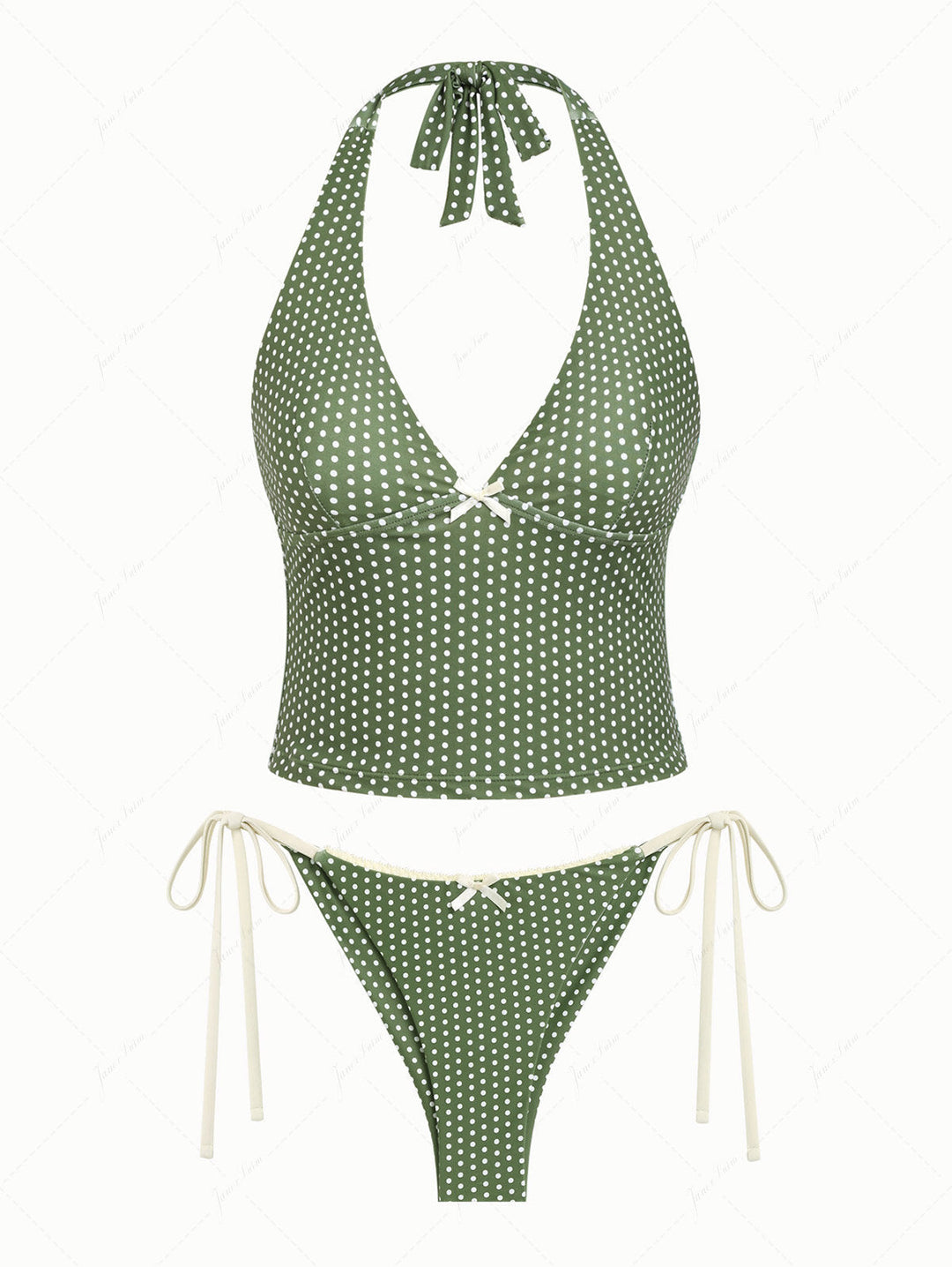 Plant Green Polka Dot Bowknot Deep V Halter Top & Cheeky Brazilian Bottom Tankini Set