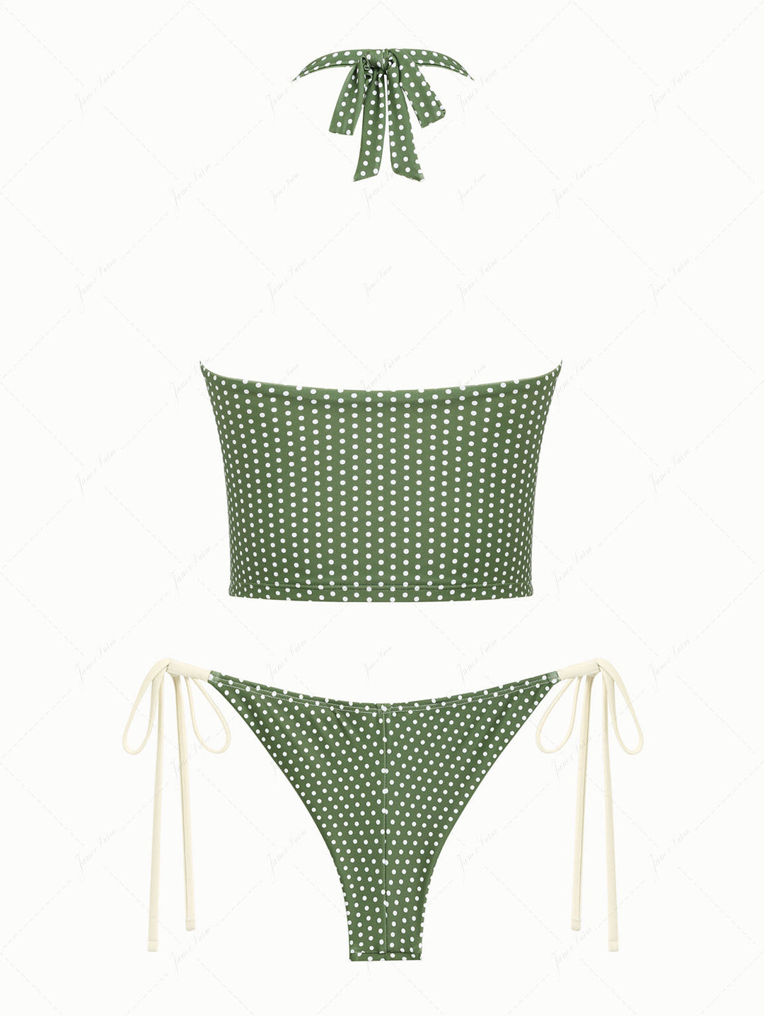 Plant Green Polka Dot Bowknot Deep V Halter Top & Cheeky Brazilian Bottom Tankini Set