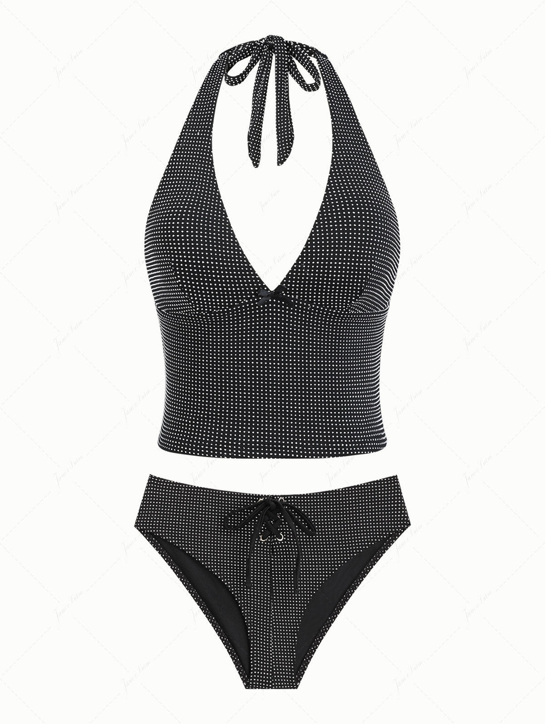 Black Pin Dot Jacquard Fabric Plunging Neck Halter Tied Tankini Set