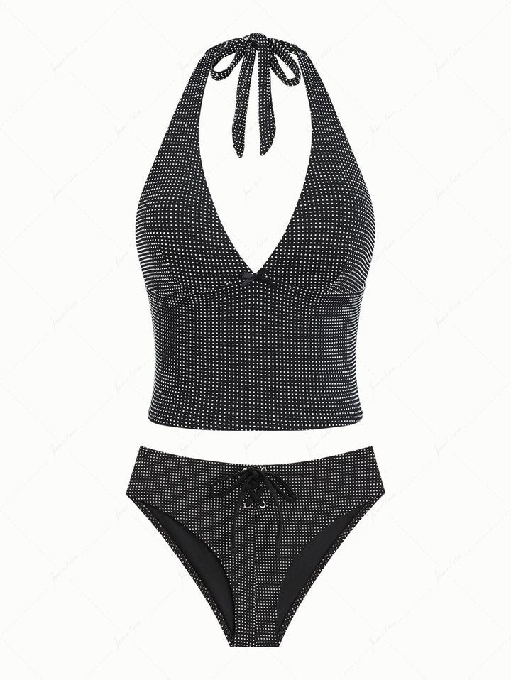 Black Pin Dot Jacquard Fabric Plunging Neck Halter Tied Tankini Set