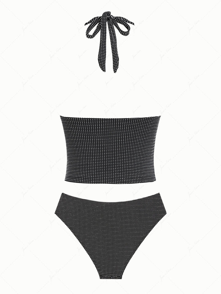 Black Pin Dot Jacquard Fabric Plunging Neck Halter Tied Tankini Set