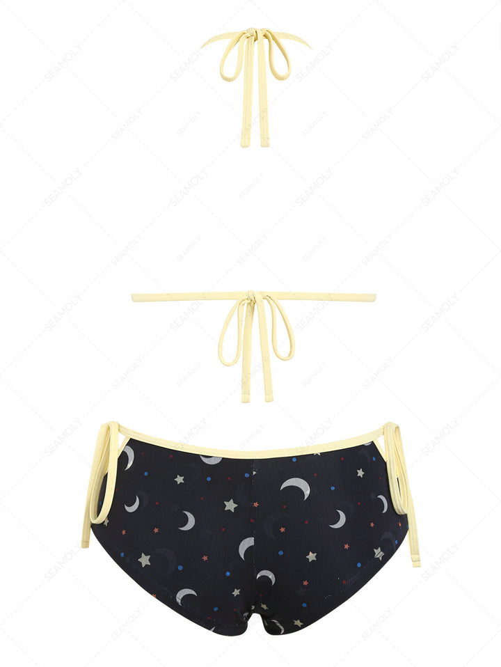 Seamolly Stars Moon Print Cutout Tied Cheeky Boyshorts Bikini Set