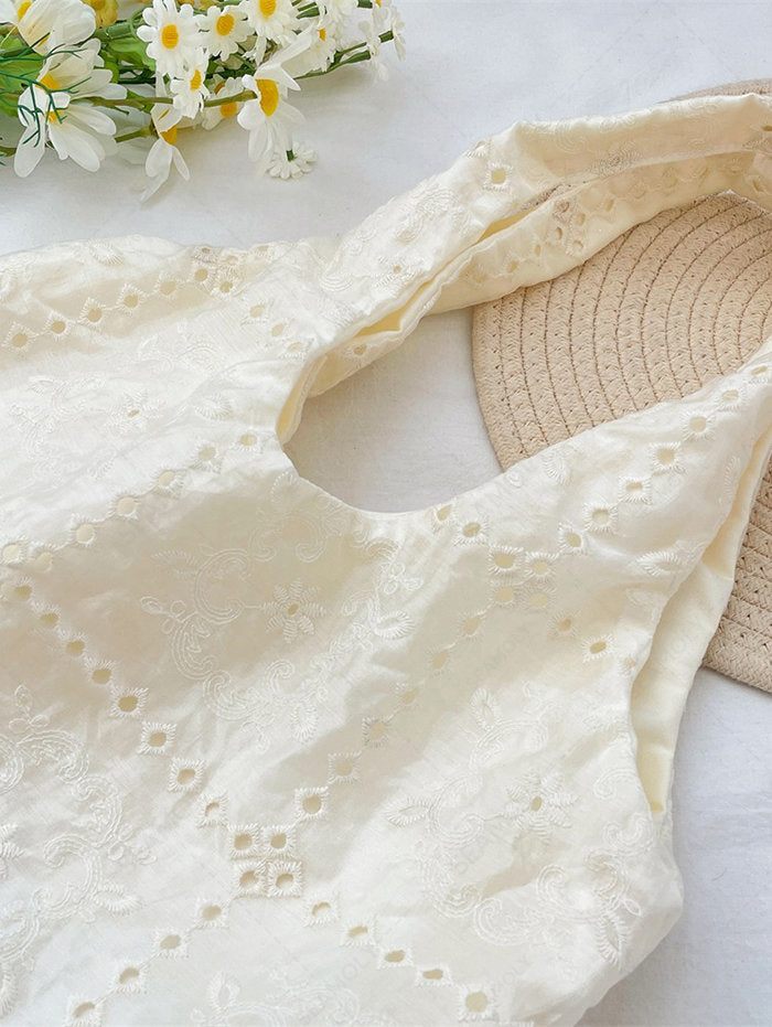 French Checkered Eyelet Floral Embroidery Vest-style Tote Bag