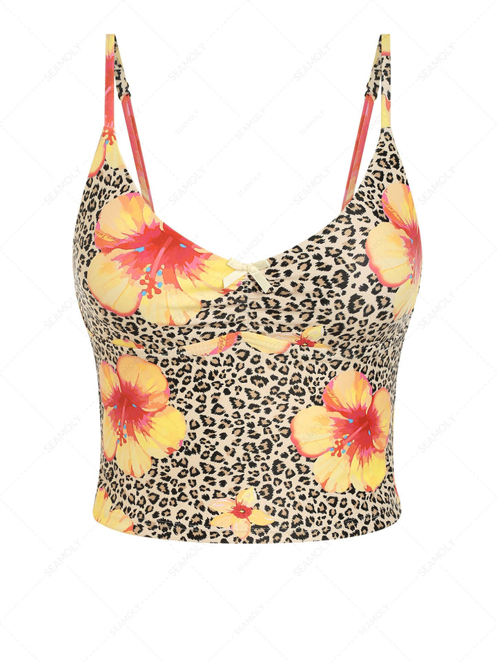 Leopard Floral Print Bowknot Tankini Top