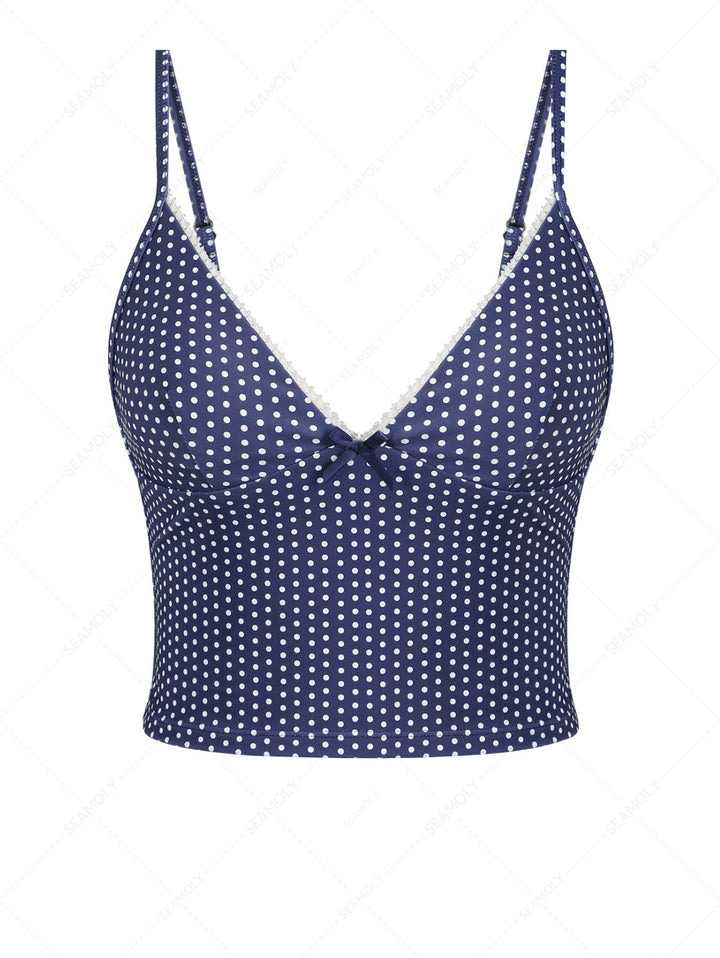 Deep Blue Polka Dot Lace Bowknot Tankini Top