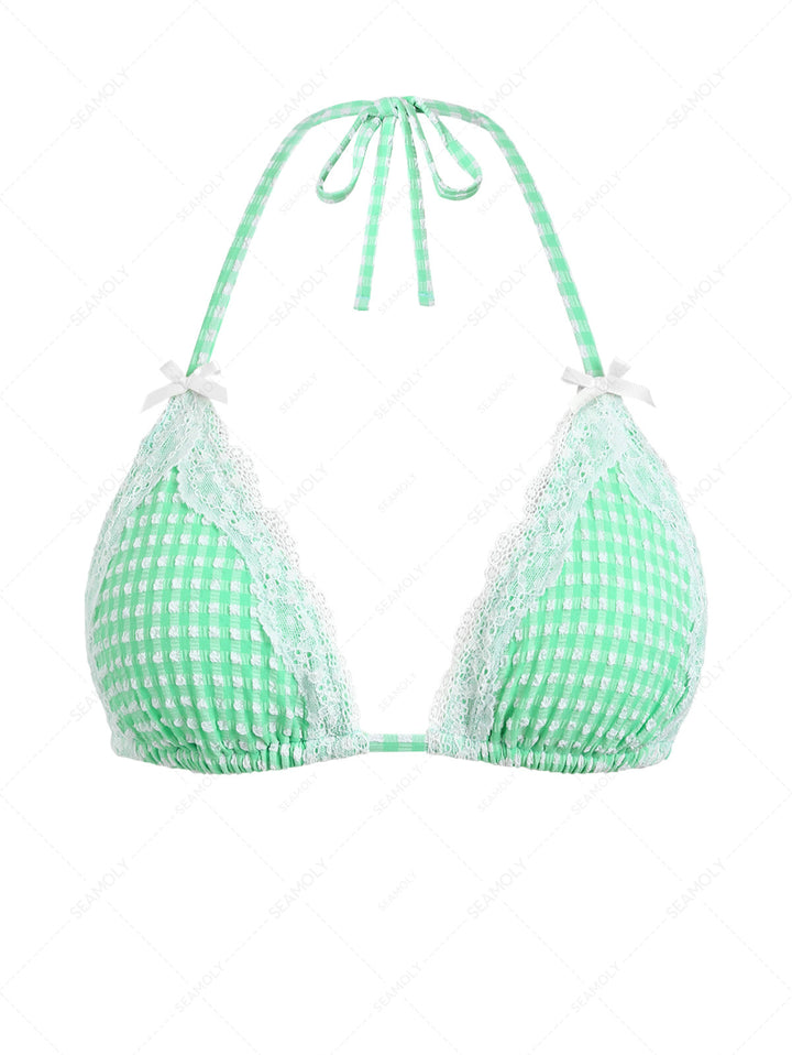 Green Bubble Grid Lace Bowknot Halter Triangle Bikini Top