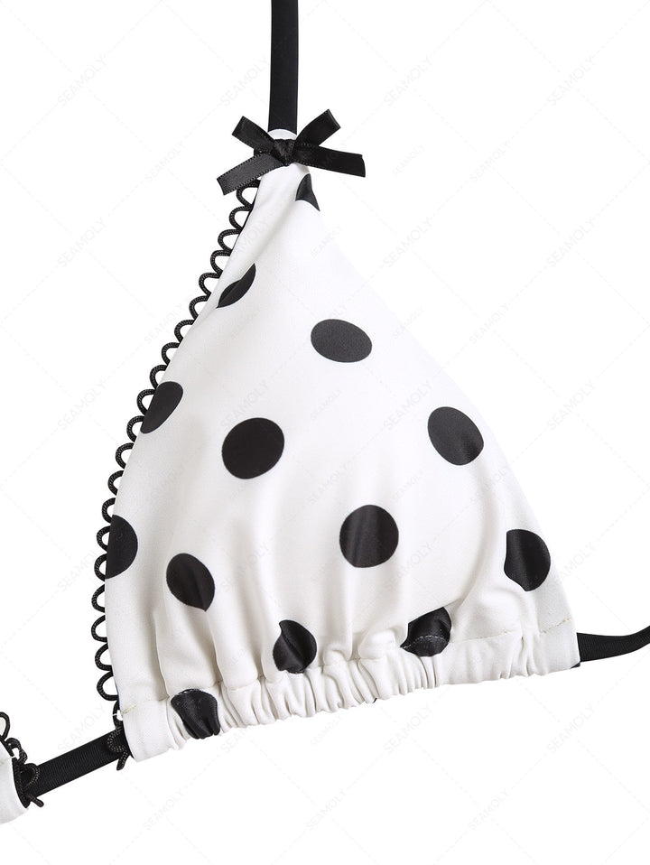 Seamolly Polka Dot Picot Bowknot Triangle Top & Cheeky Brazilian Bottom Bikini Set