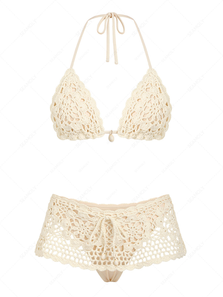 Seamolly Crochet Floral Scalloped Trim Triangle Skirtini Bikini Set
