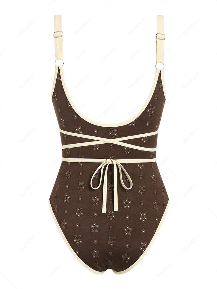 Seamolly Recycled Fabric Jacquard Tie Around Deep V Neck One-piece Swimsuit