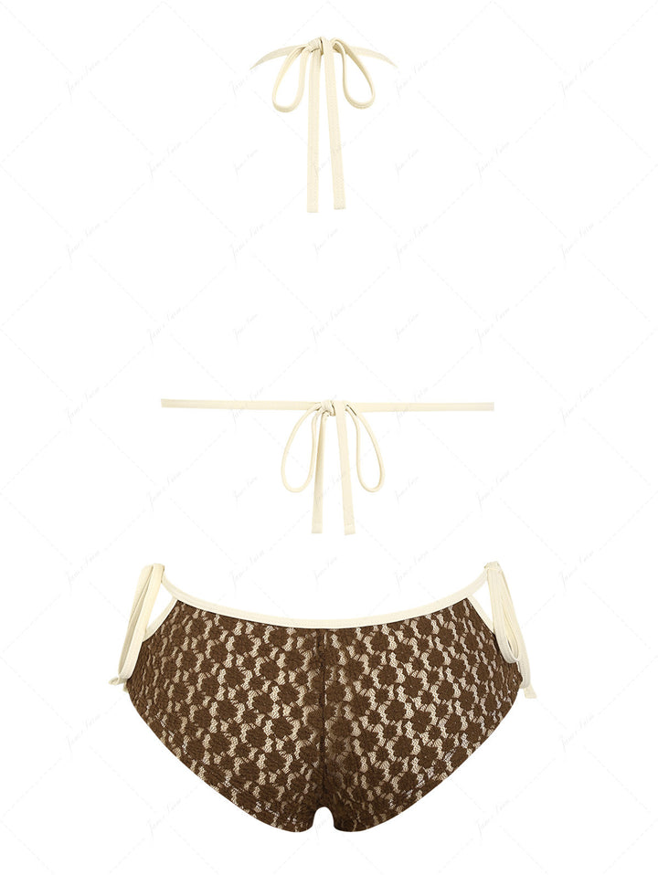 Seamolly Lace Contrast Binding Cutout Tied Cheeky Boyshorts Bikini Set