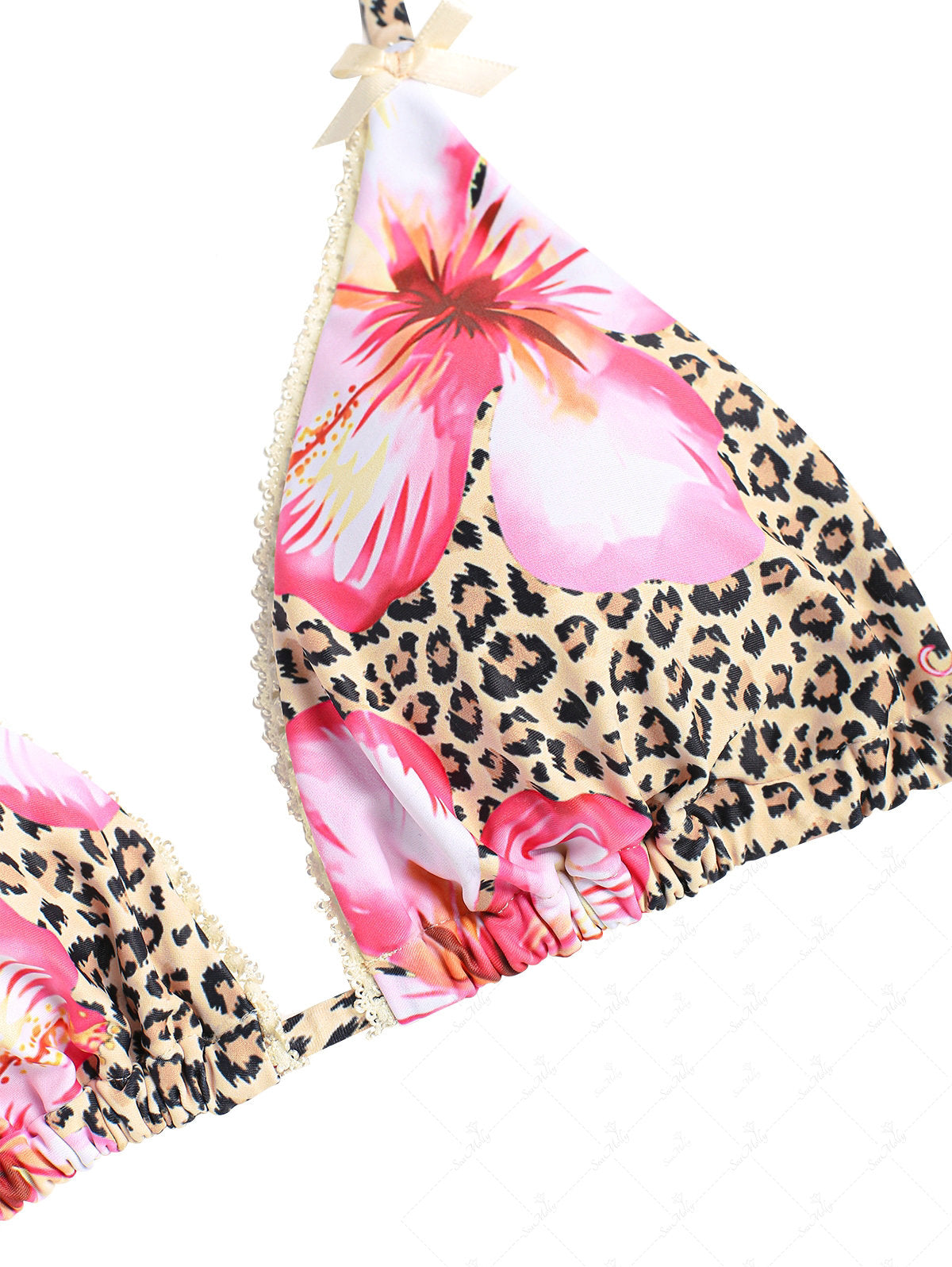 Seamolly Vintage Leopard Floral Print Lace Trim Halter Triangle Cheeky