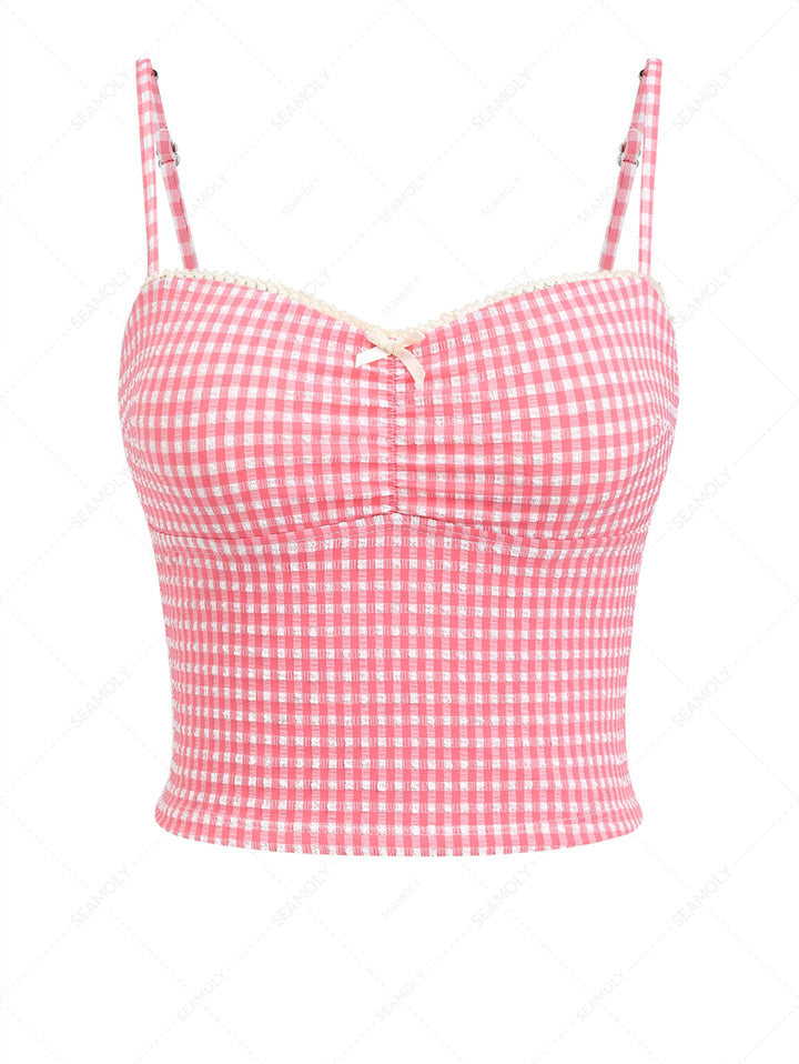Red Bubble Grid Lace Bowknot Tankini Top