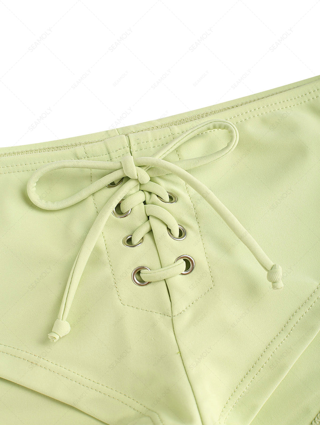 Seamolly Solid Color Grommet Lace Up Bikini Bottom Cheeky Swim Boyshorts