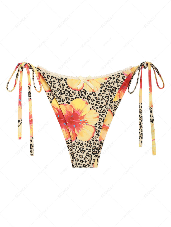 Leopard Floral Print Lace Bowknot Tie Side Cheeky Bikini Bottom
