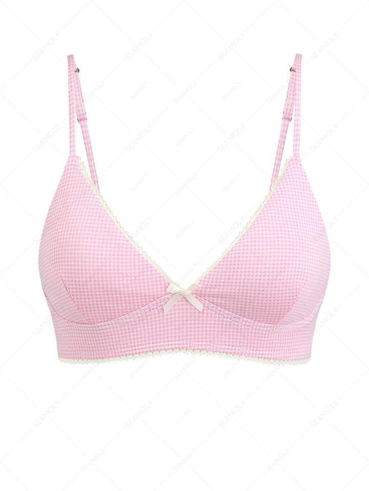 Light Pink Knitted Plaid Lace Bowknot Bikini Top