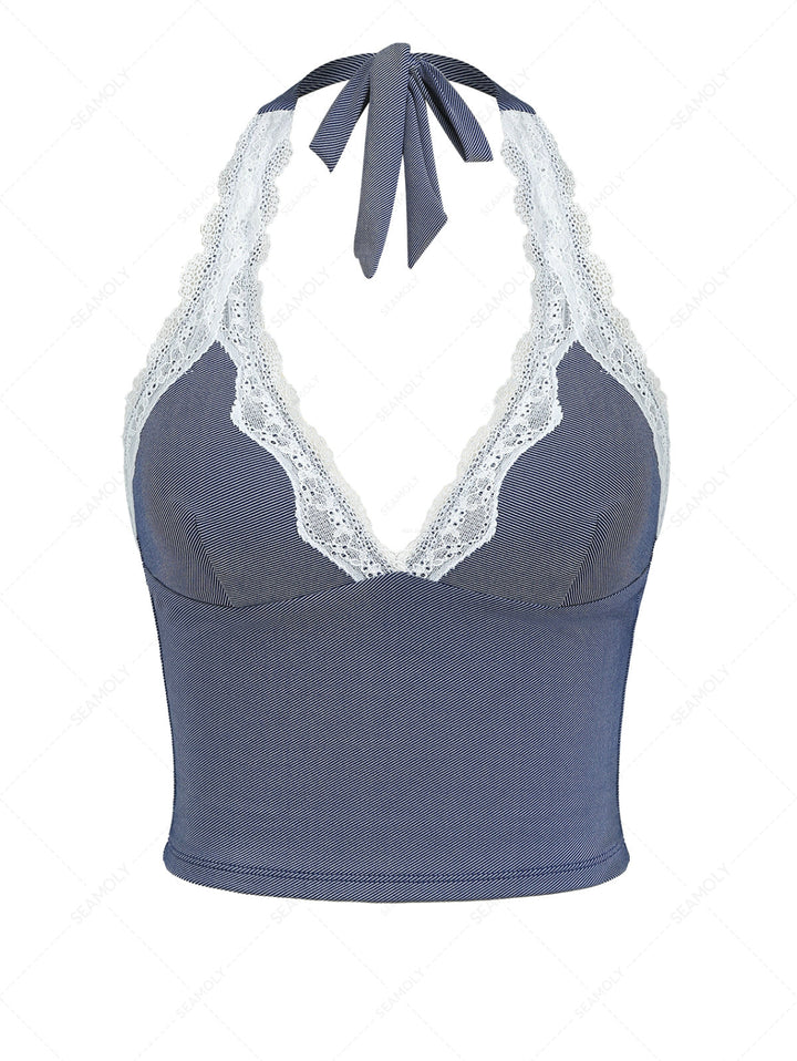 Deep Blue Denim Lace Plunging Neck Halter Tied Tankini Top