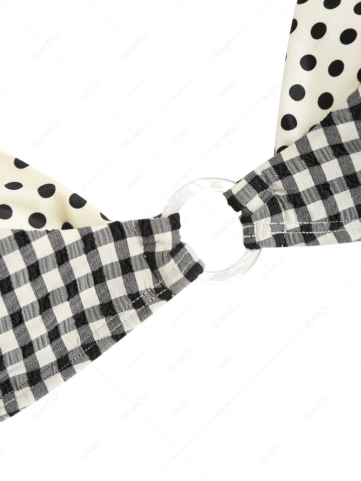 Seamolly Gingham Polka Dot Print O Ring Double Layer Bikini Set