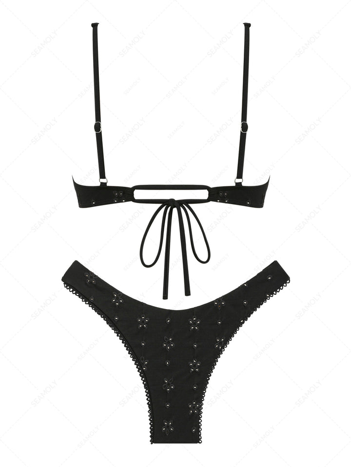 Seamolly Recycled Fabric Eyelet Jacquard Picot Bowknot Underwire Bikini Set