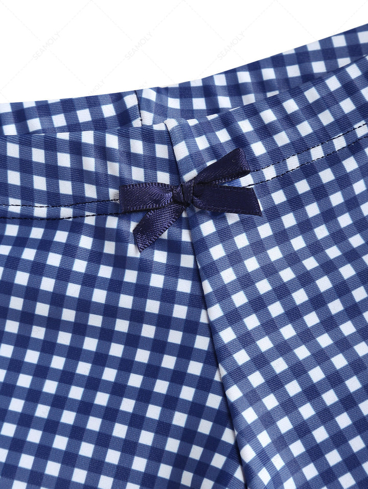 Seamolly 3 Piece Gingham Frilled Ruffles Bowknot Triangle Cheeky Boyshort Bikini Set