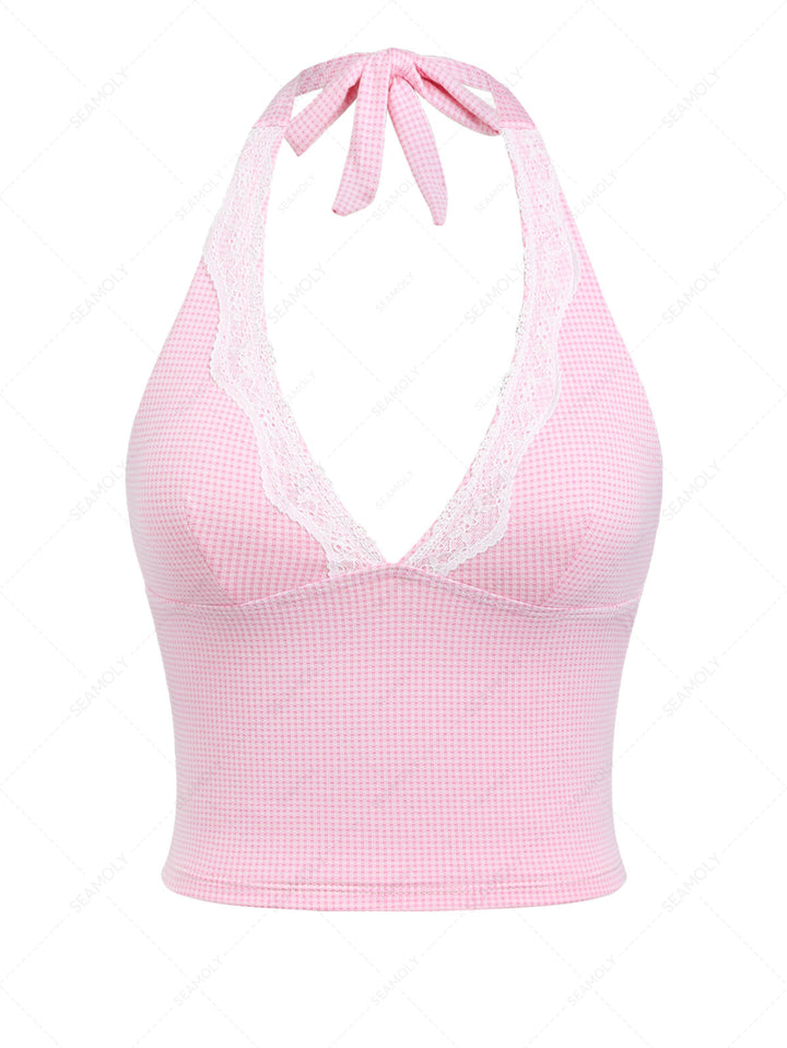 Light Pink Knitted Plaid Lace Plunging Neck Halter Tankini Top