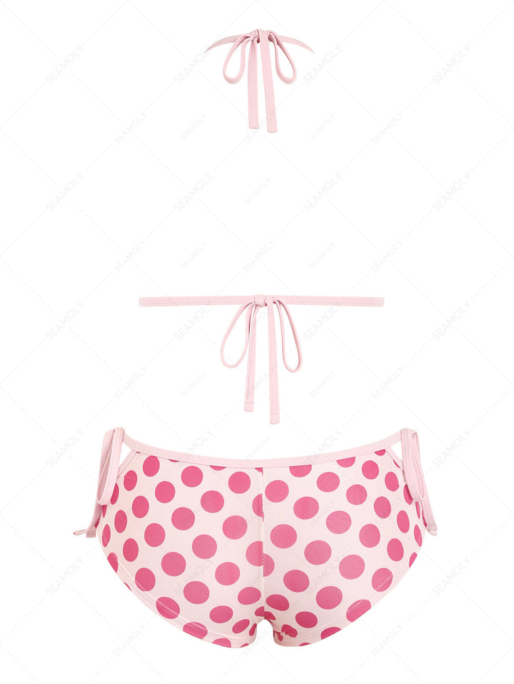Seamolly Polka Dot Contrast Binding Cutout Tied Cheeky Boyshorts Bikini Set