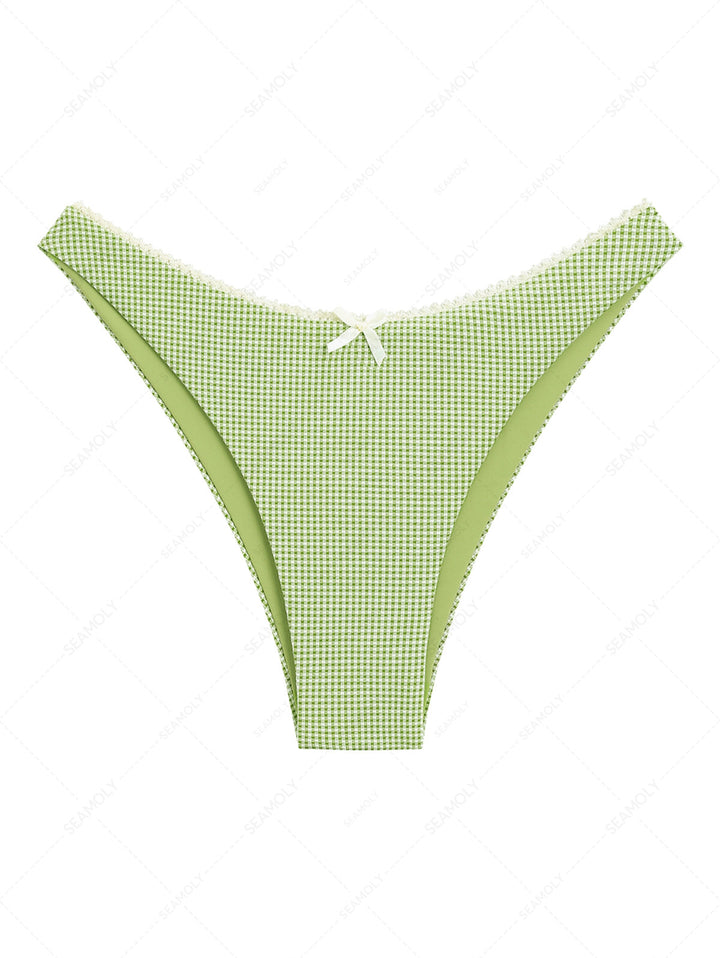 Janexswim Green Knitted Plaid Contrast Lace Bowknot Cheeky Bikini Bottom