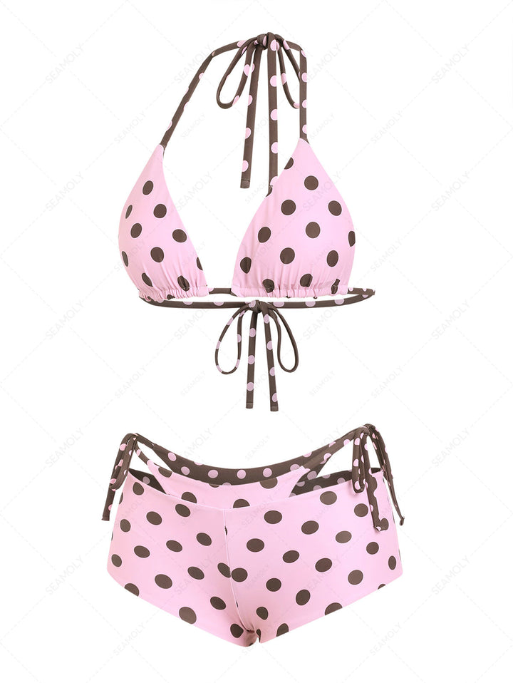 Seamolly Polka Dot Triangle Top & Double Layer Cheeky Boyshorts Reversible Bikini Set