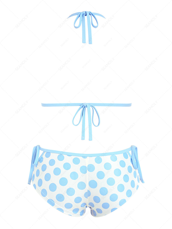 Seamolly Polka Dot Contrast Binding Cutout Tied Cheeky Boyshorts Bikini Set