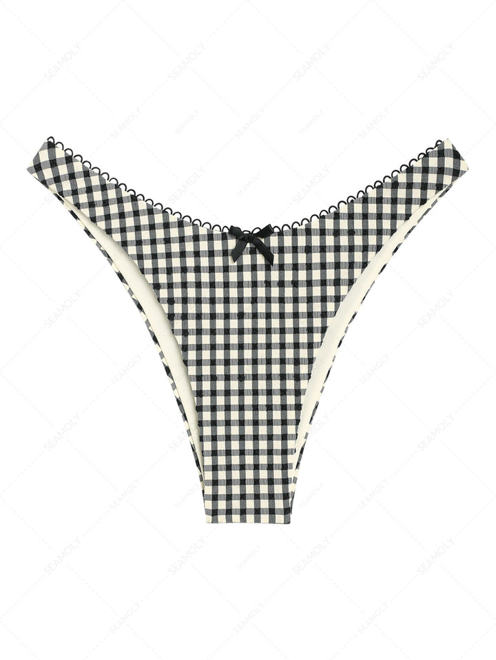 Vintage Black Plaid Picot Bowknot Cheeky Bikini Bottom